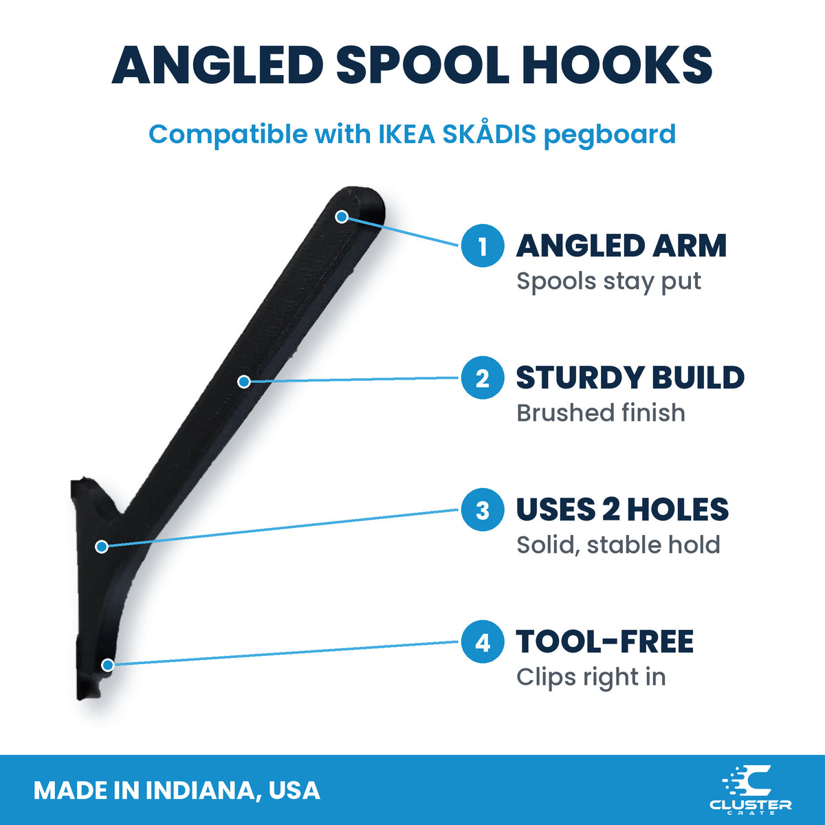 Angled spool mount for IKEA SKADIS pegboard - key features: angled arm, sturdy build, uses 2 holes, tool-free
