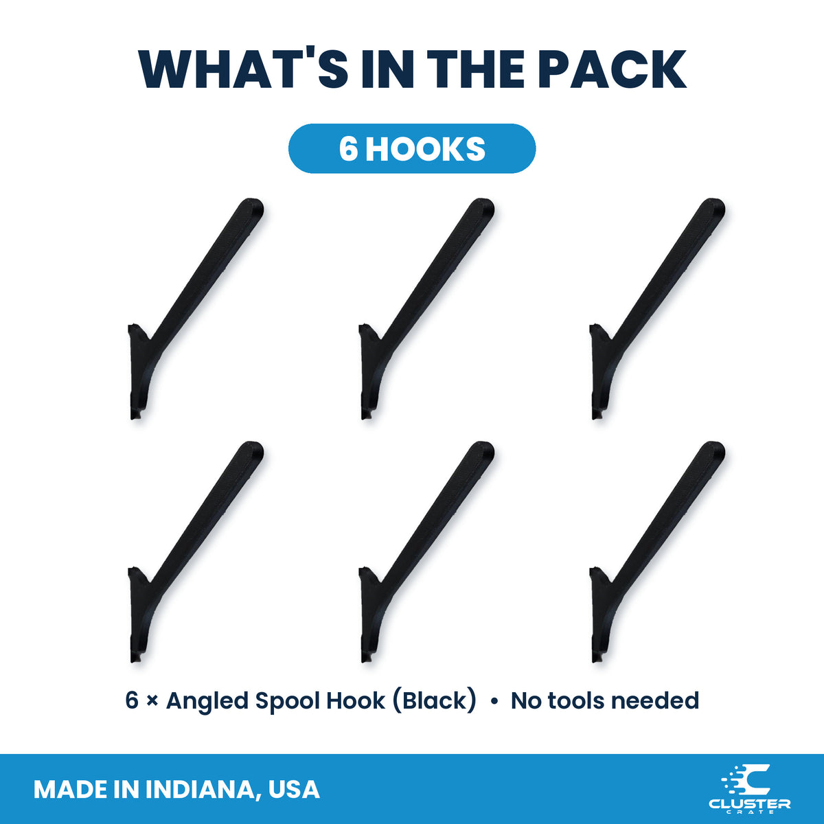 Angled spool mount for IKEA SKADIS pegboard - what's included, 6 black hooks