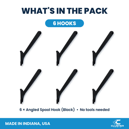 Angled spool mount for IKEA SKADIS pegboard - what's included, 6 black hooks