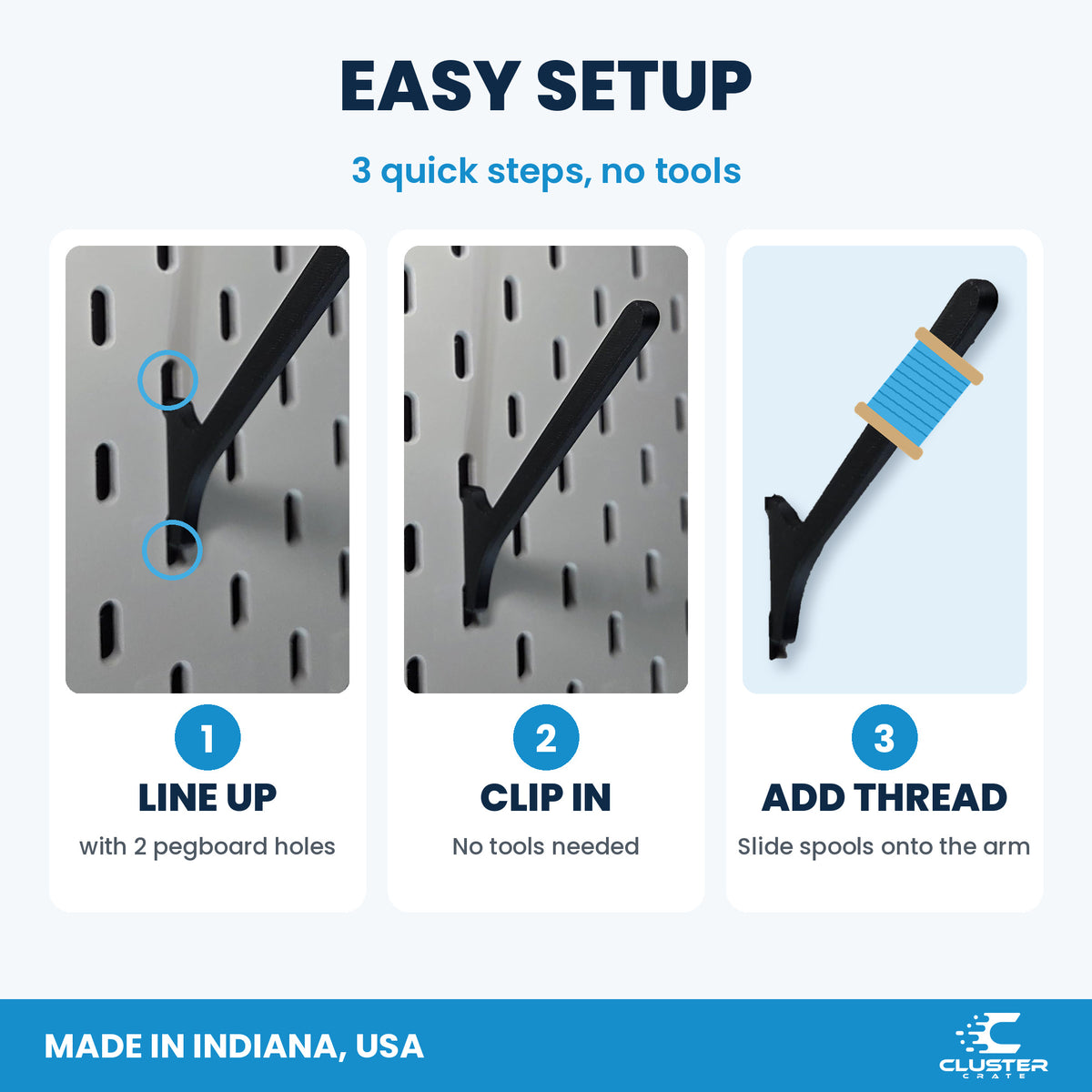 Angled spool mount for IKEA SKADIS pegboard - how to use: line up with 2 holes, clip in, add thread