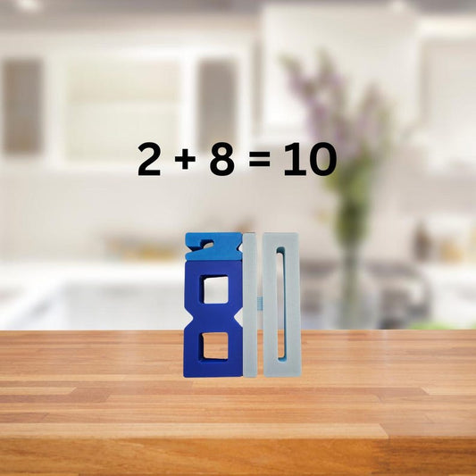Stack & Add Number Blocks: blue 2 stacked on a blue 8 beside a gray 10, showing 2 + 8 = 10