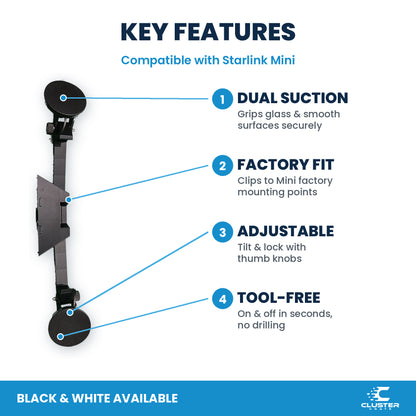 Starlink Mini suction cup mount, black - key features: dual suction, factory fit, adjustable, tool-free