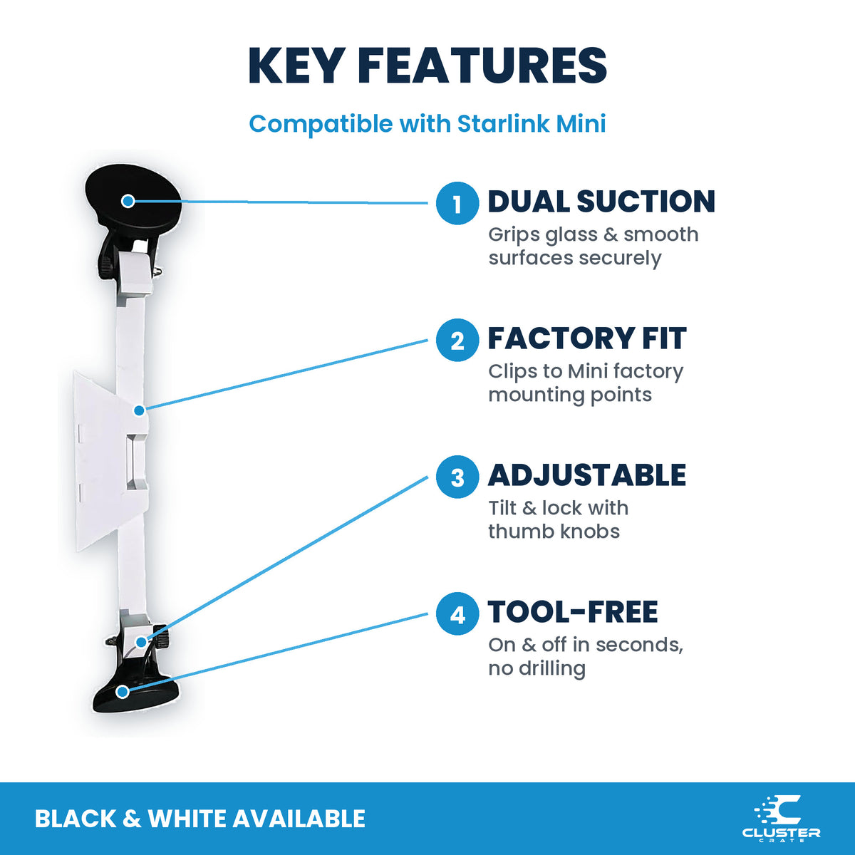 Starlink Mini suction cup mount, white - key features: dual suction, factory fit, adjustable, tool-free