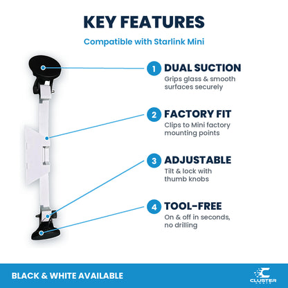 Starlink Mini suction cup mount, white - key features: dual suction, factory fit, adjustable, tool-free