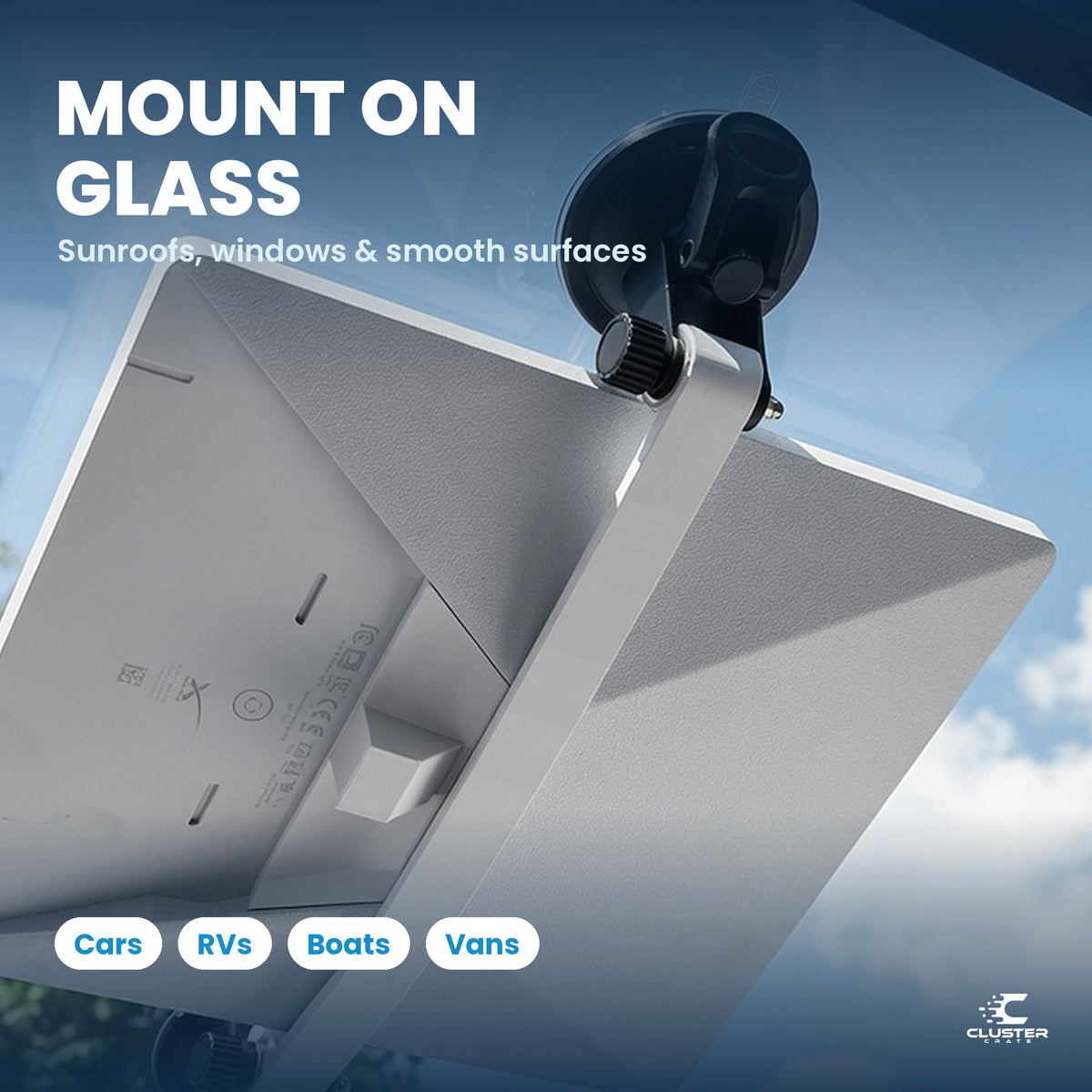 Starlink Mini suction cup mount, white - mounted on a vehicle sunroof holding a Starlink Mini