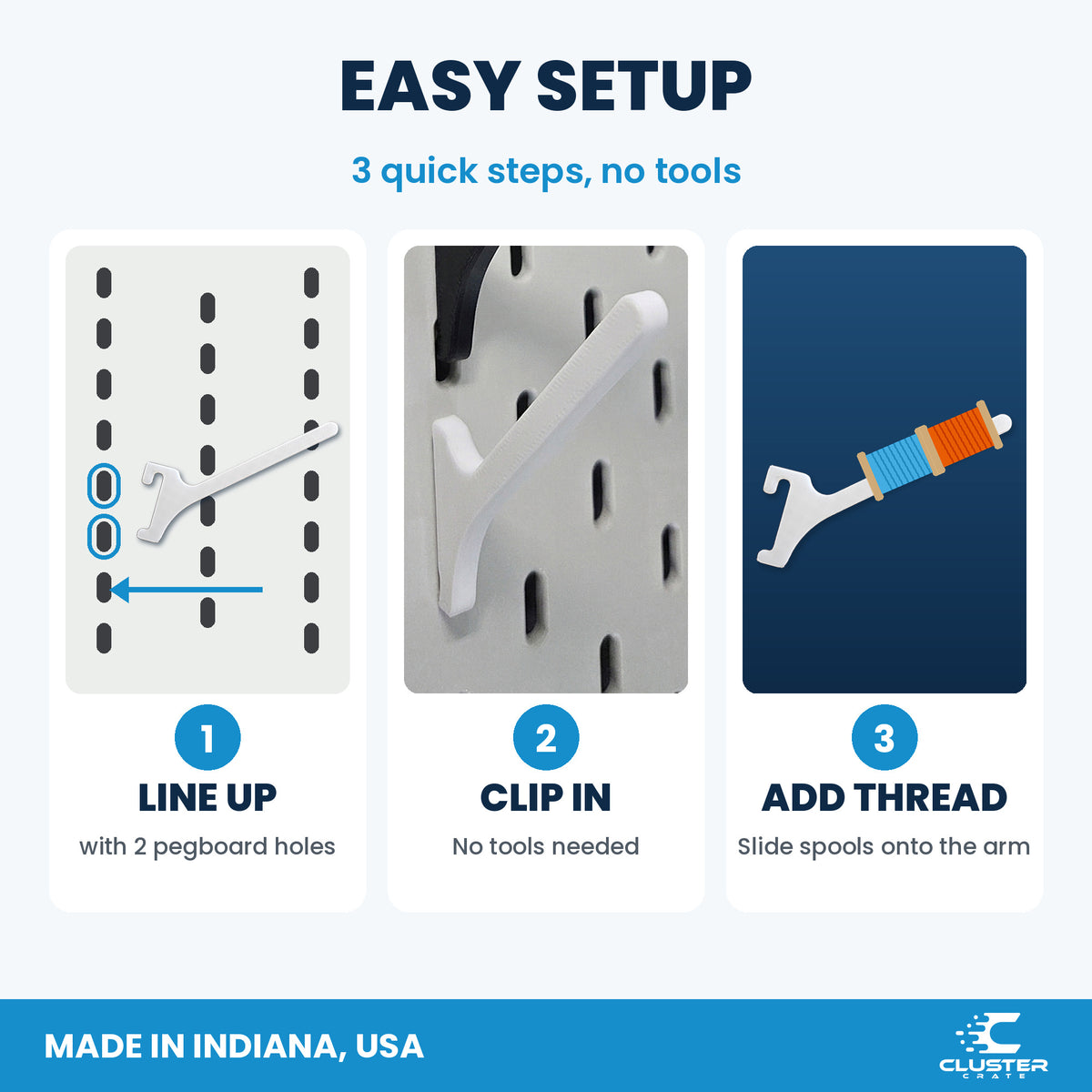 Angled spool mount for IKEA SKADIS pegboard, white - easy setup: line up with 2 holes, clip in, add thread