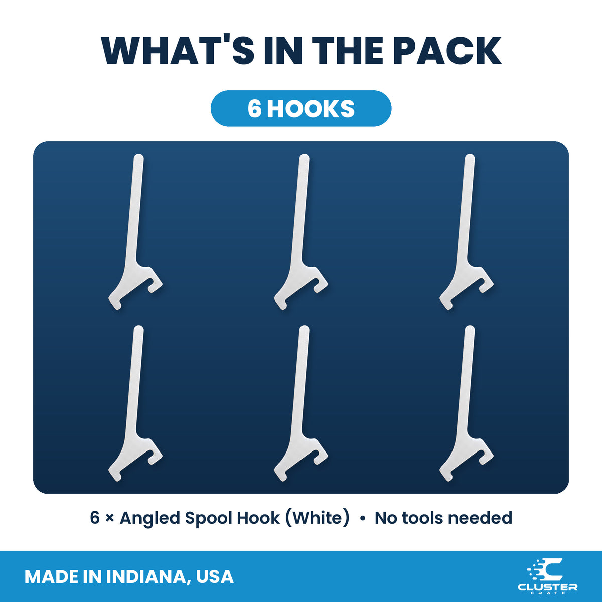Angled spool mount for IKEA SKADIS pegboard, white - what's included: 6 white hooks, no tools needed