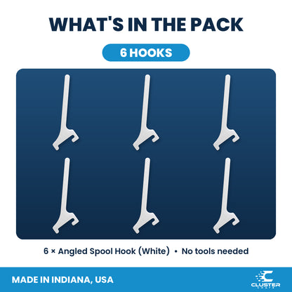 Angled spool mount for IKEA SKADIS pegboard, white - what's included: 6 white hooks, no tools needed