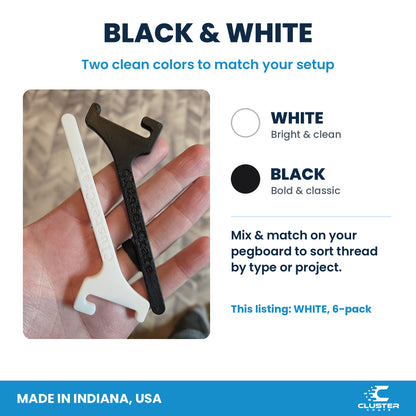 Angled spool mount for IKEA SKADIS pegboard, white - black and white hooks side by side, two colors to match your setup
