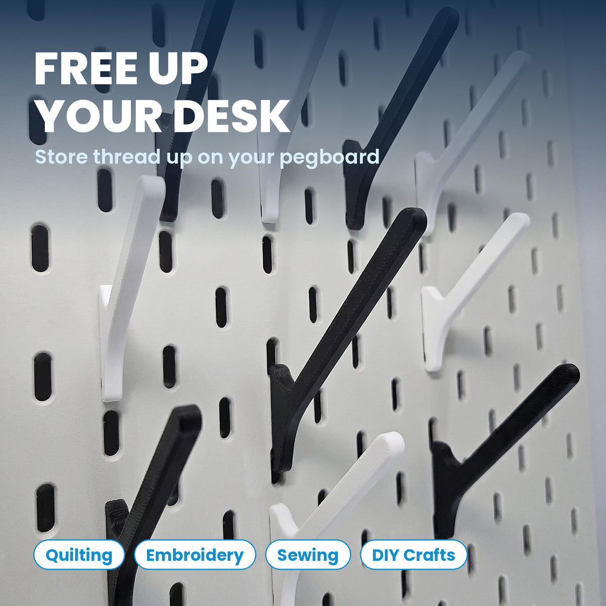 Angled spool mount for IKEA SKADIS pegboard, white - black and white hooks on a pegboard to free up your desk for quilting, embroidery, sewing and DIY crafts thread