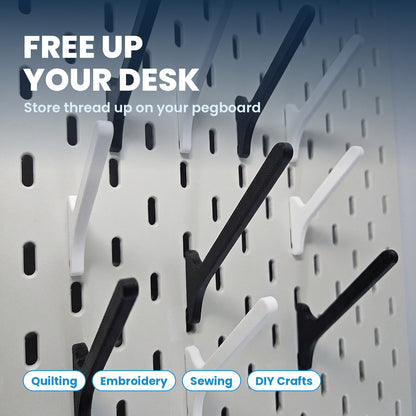 Angled spool mount for IKEA SKADIS pegboard, white - black and white hooks on a pegboard to free up your desk for quilting, embroidery, sewing and DIY crafts thread